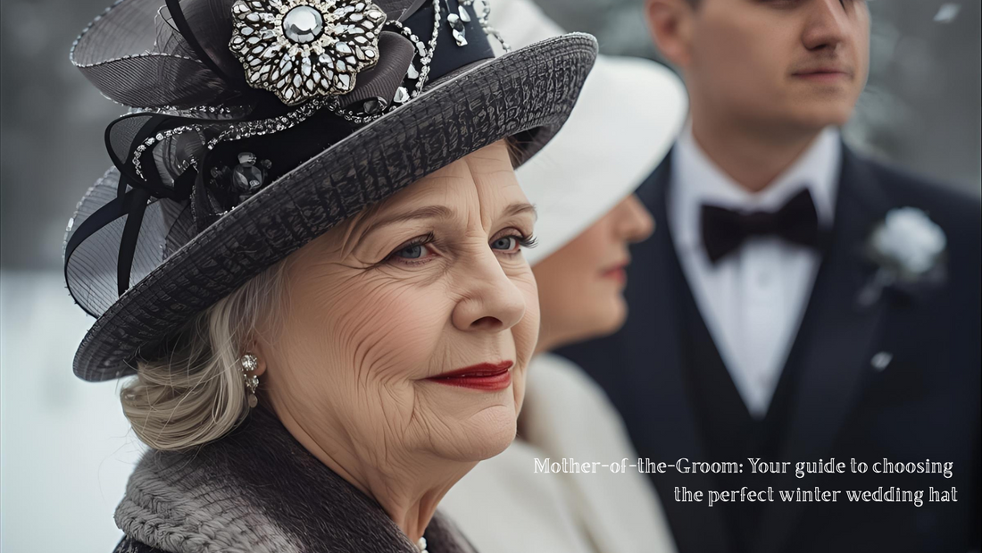 Mother-of-the-Groom standing by the bride and groom wearing a spectacular winter hat