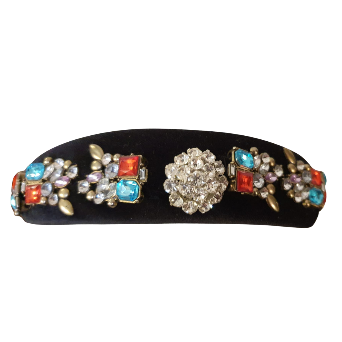 Dress up any outfit with our luxurious Black Beaded Velvet Headband! Hand-decorated with dazzling diamanté and striking turquoise and red clusters, this headband will make you feel glamorous and confident. Perfect for special occasions or adding a touch of elegance to your everyday look.