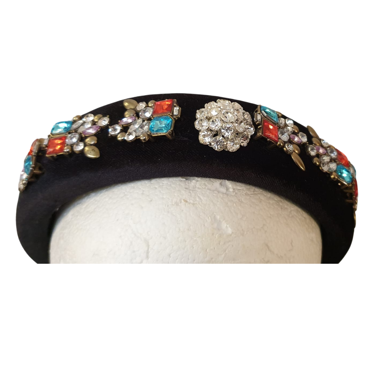 Dress up any outfit with our luxurious Black Beaded Velvet Headband! Hand-decorated with dazzling diamanté and striking turquoise and red clusters, this headband will make you feel glamorous and confident. Perfect for special occasions or adding a touch of elegance to your everyday look.