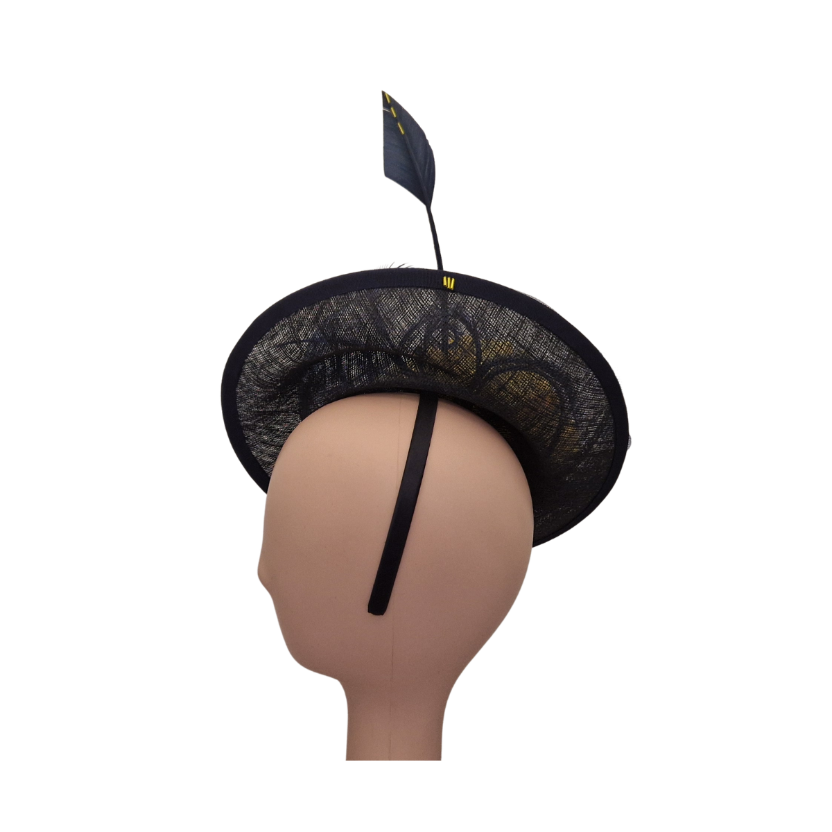 Navy & Yellow Hatinator – Floral Sinamay Headpiece with Feather Detail side
