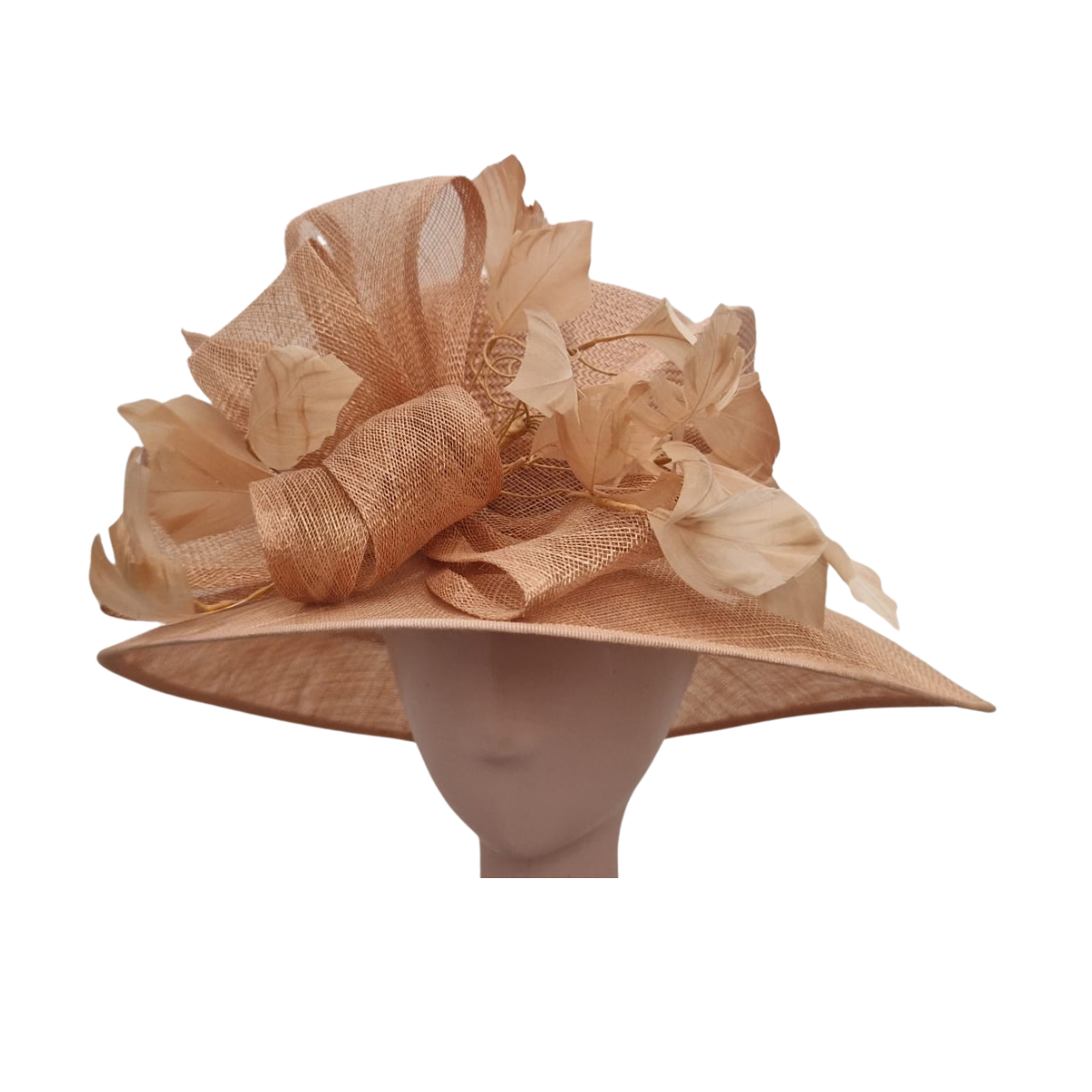 formal peach/salmon pink wide-brim hat, specifically a designer piece by... Elegant Curved Brim Hat with Floral Accent | Free Shipping! main image 3