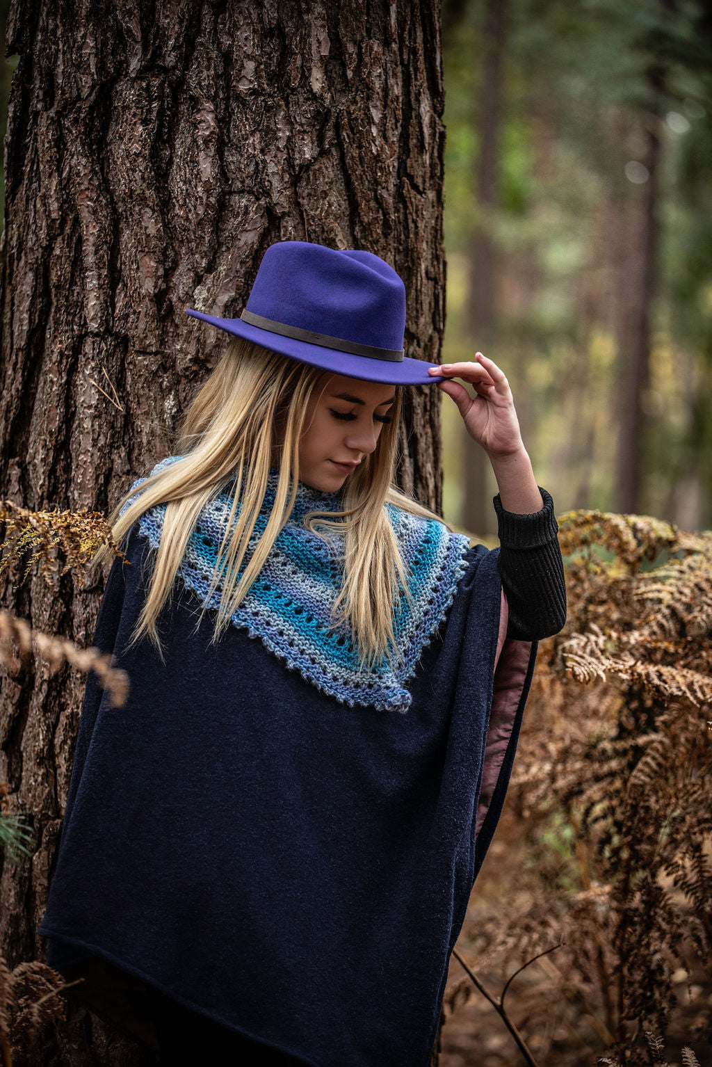 Hand Knitted Blue and Grey Open Knit Shawl