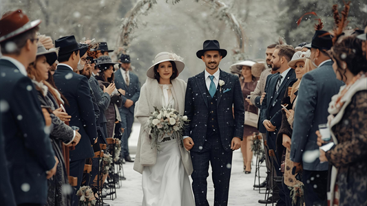 A winter wedding scene with the bride & groom walking towards the camera, guests wearing hats line their route