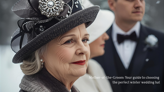 Mother-of-the-Groom standing by the bride and groom wearing a spectacular winter hat