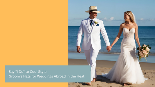 Bride and groom walking hand in hand on the beach. The groom is wearing a Panama hat.