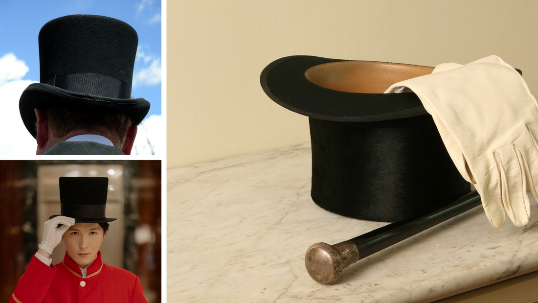 A gentleman wearing a top hat as part of a uniform, the back of a top hat worn by a gentleman at the races and a top hat and cane