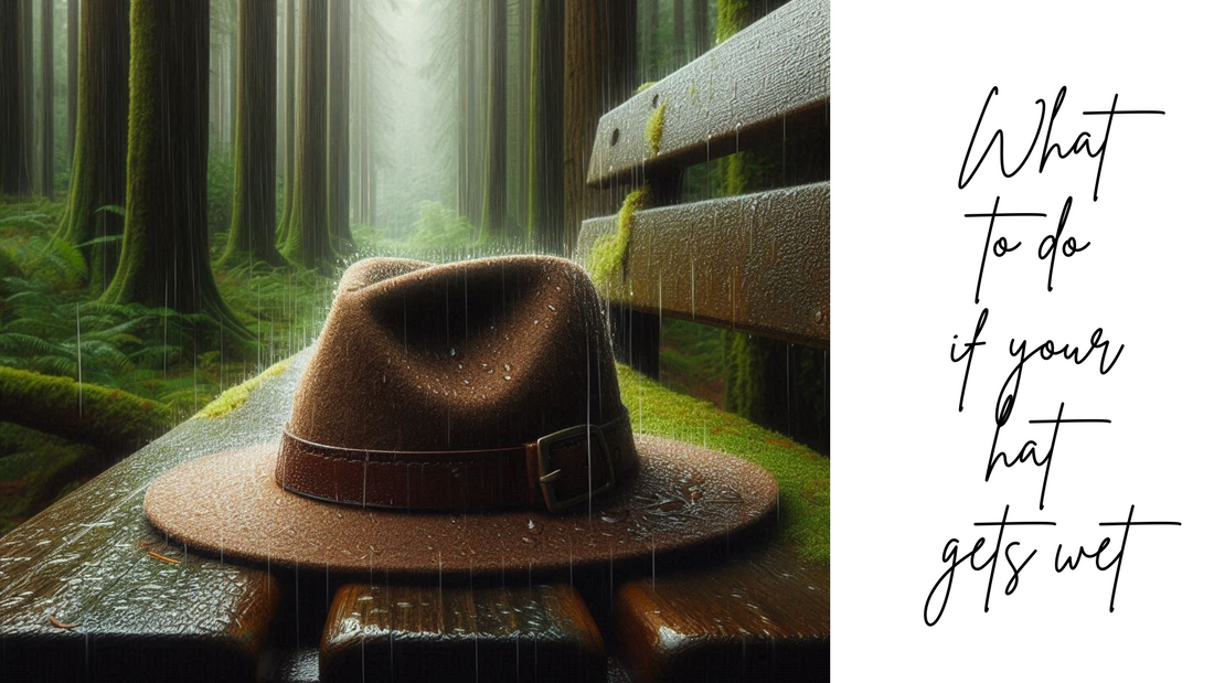 A felt fedora still on a bench in woodland, in the rain
