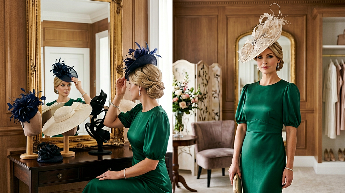 a picture of two halves, a lady trying on hats for hire and a lady selecting from her wardrobe