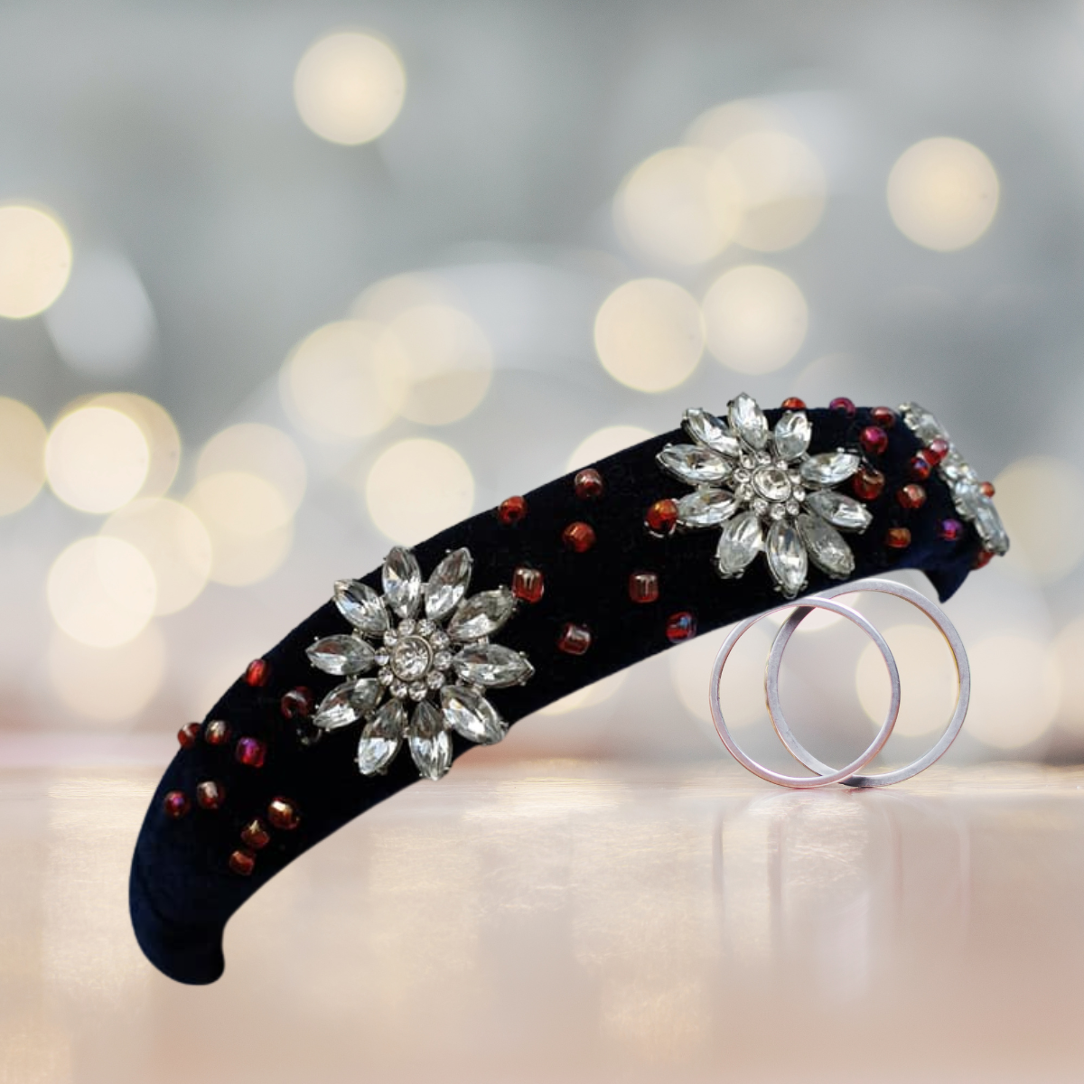 Headband/Alice band, black with crystal flowers