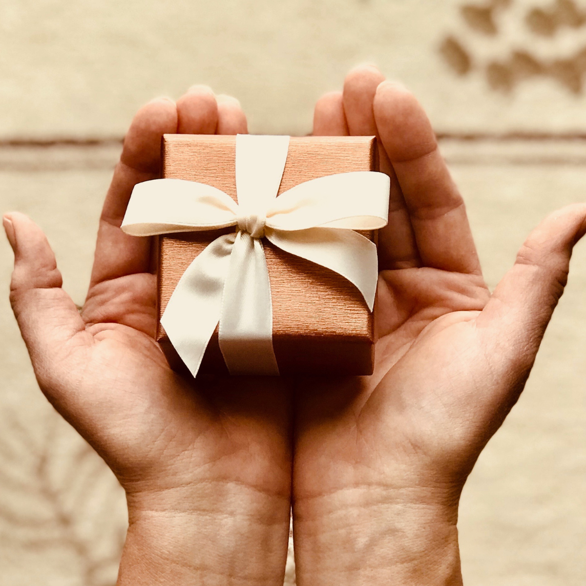 Hands holding a gift wrapped box