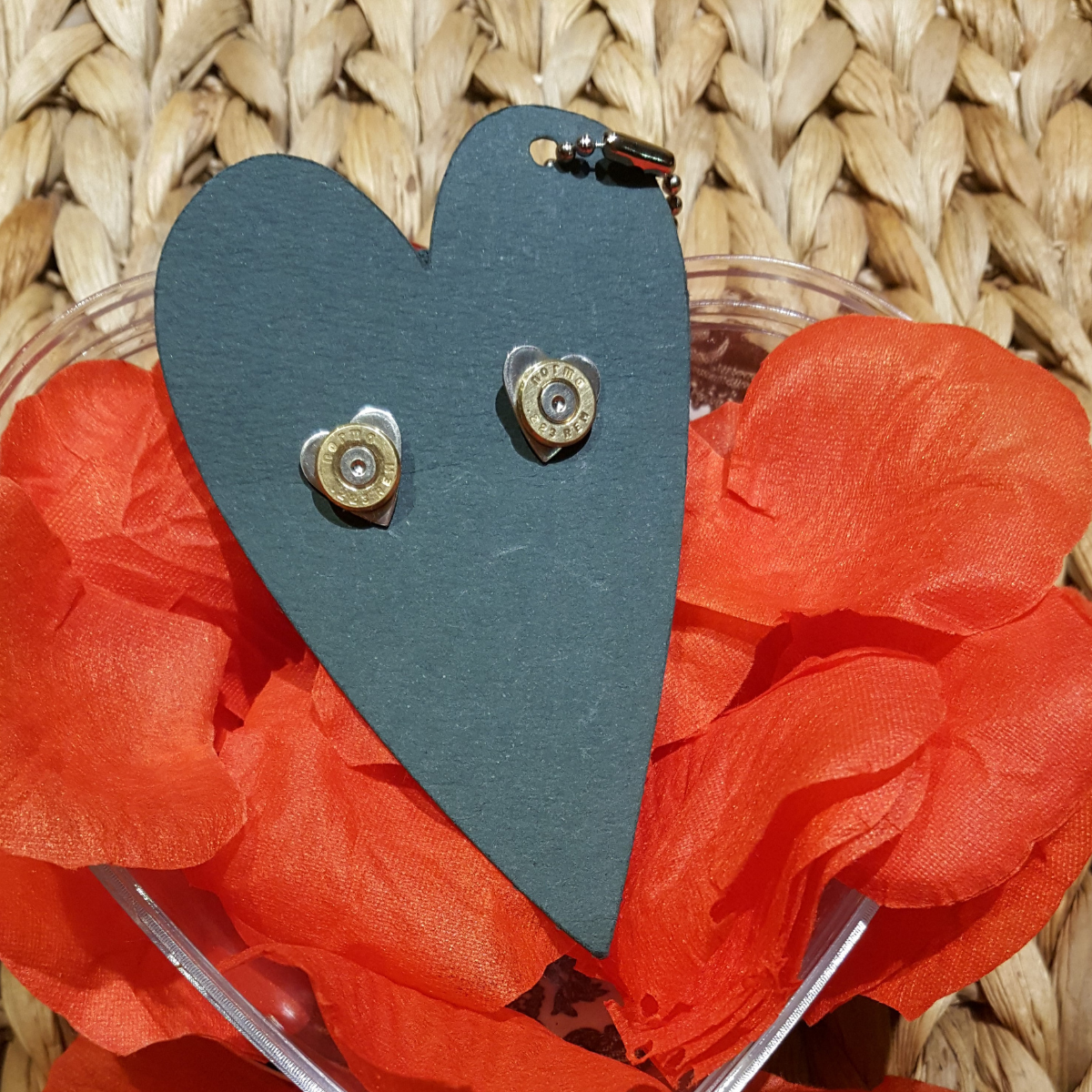 Cartridge inspired stud earrings on a heart shaped card,