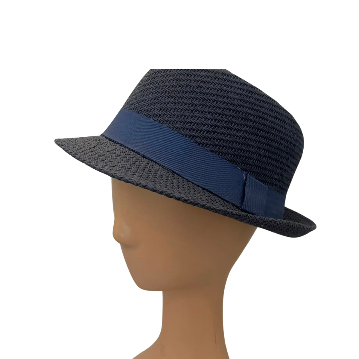 A dark navy blue woven fedora hat with a solid navy blue band, displayed on a tan mannequin head against a plain white background.
