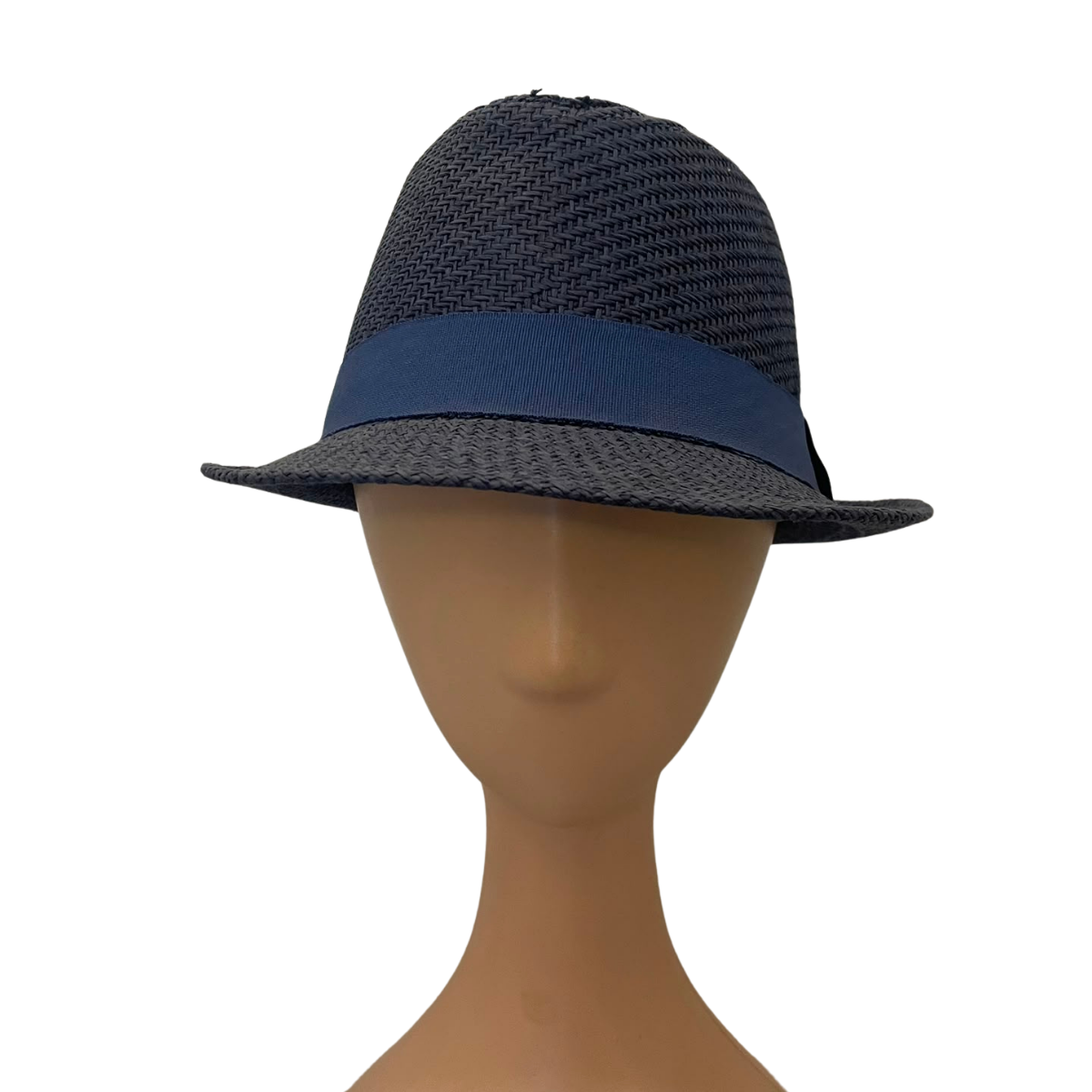 A dark navy blue woven fedora hat with a solid navy blue band, displayed on a tan mannequin head against a plain white background.