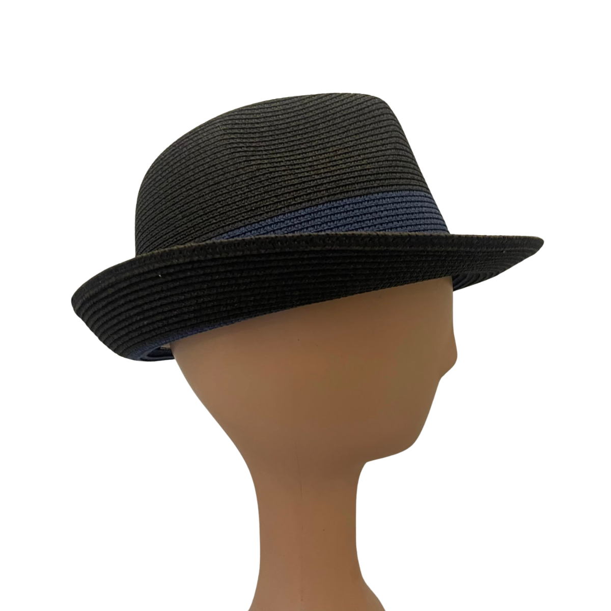 A black woven fedora hat with a dark blue band around the crown, displayed on a tan mannequin head against a plain white background.
