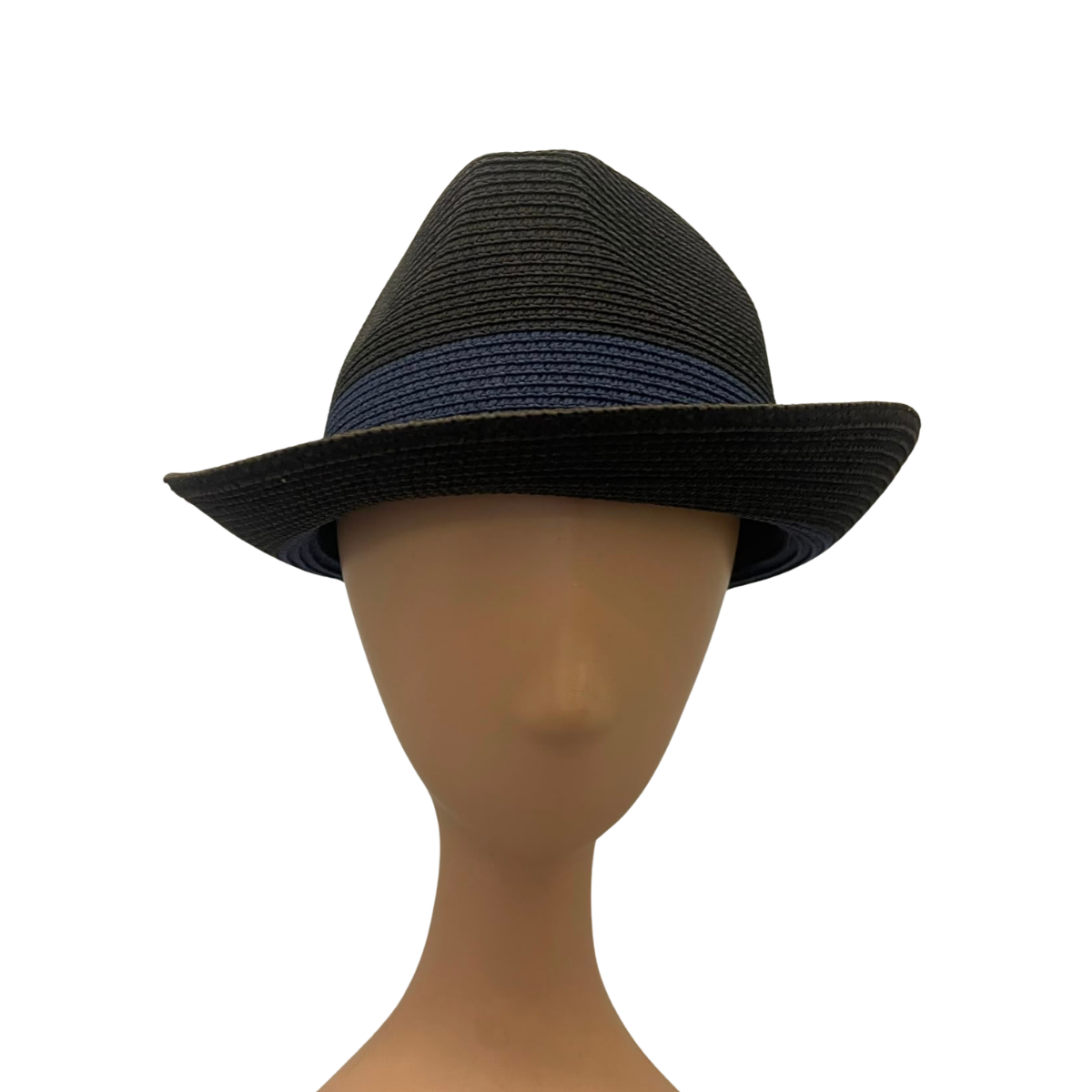 A black woven fedora hat displayed on a beige mannequin head against a plain white background.