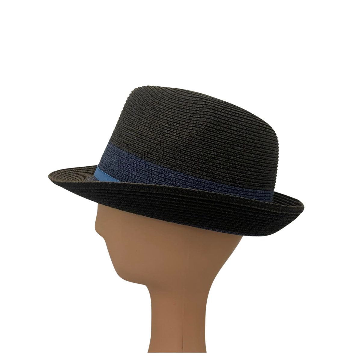 A black woven fedora hat with a dark blue band, displayed on a tan mannequin head against a plain white background.