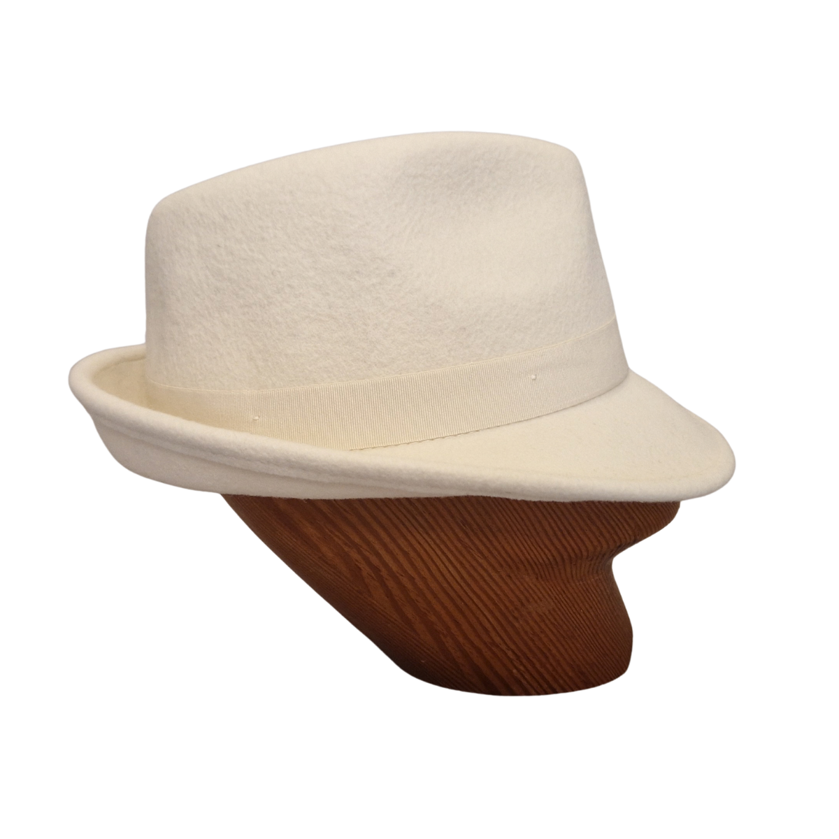 A cream felt trilby hat with a matching band and bow, displayed on a brown wooden mannequin head against a white background. Side
