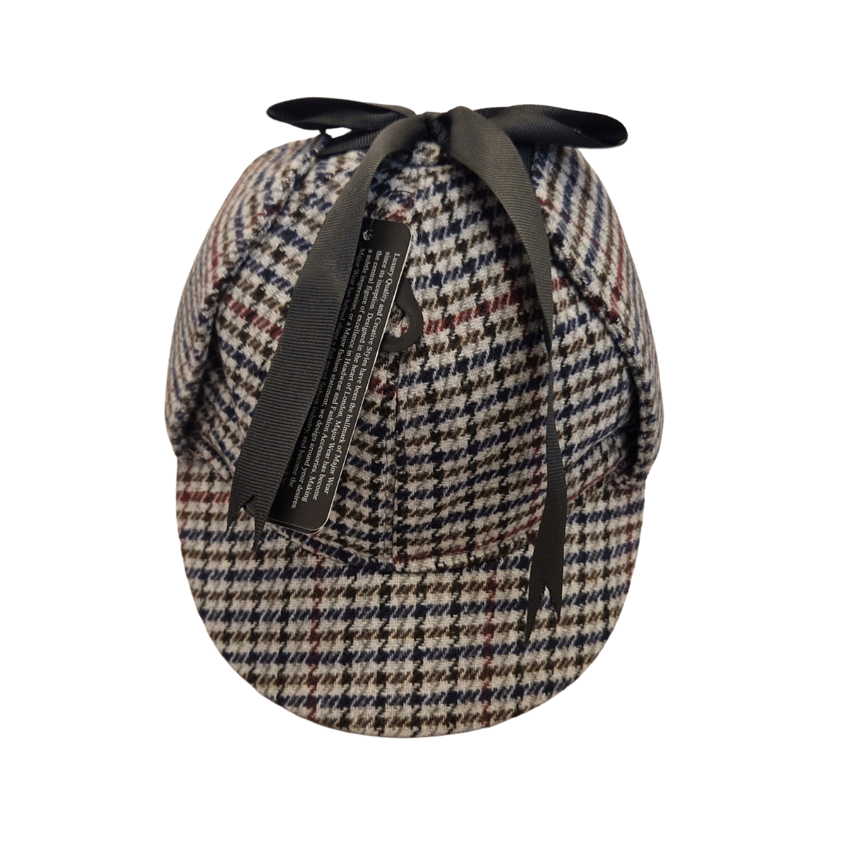 A classic deerstalker hat with a grey,  brown, black, and white houndstooth pattern, displayed on a wooden mannequin head against a plain white background. Back