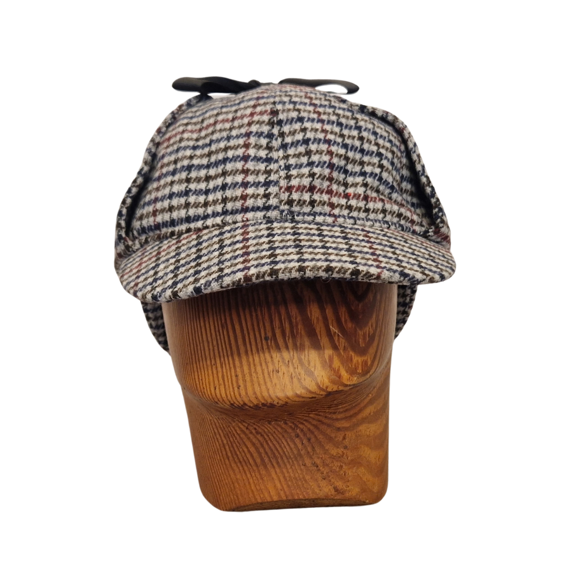 A classic deerstalker hat with a grey,  brown, black, and white houndstooth pattern, displayed on a wooden mannequin head against a plain white background. Flaps up