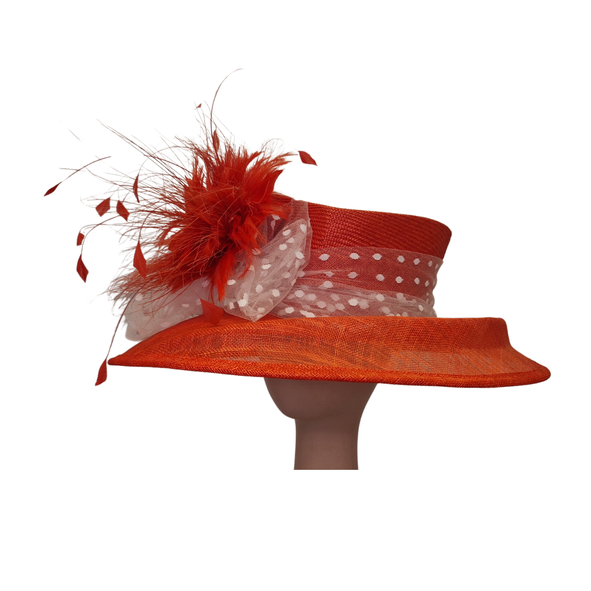 Feather & Spot Tulle Detail Red Occasion Hat front