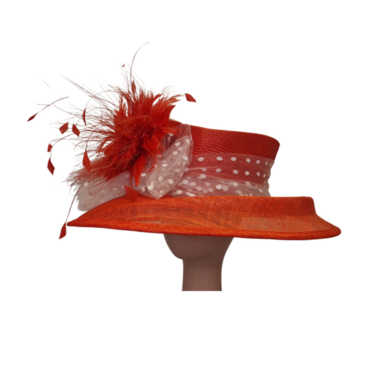 Feather & Spot Tulle Detail Red Occasion Hat front