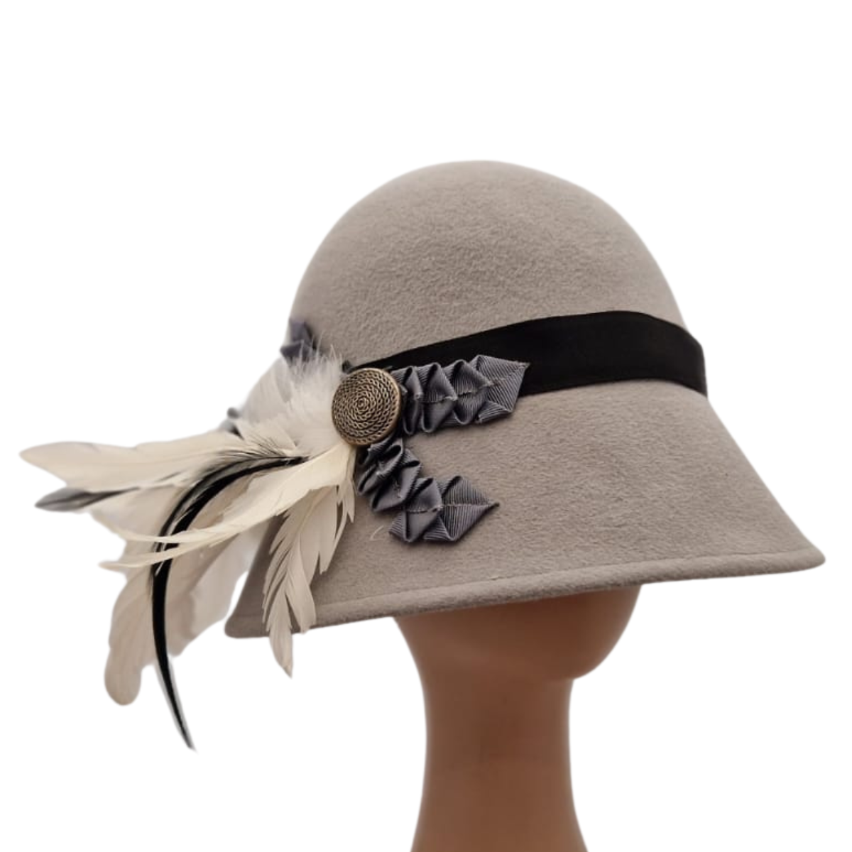 Light Grey Fur Felt Cloche Hat With Feather Mount