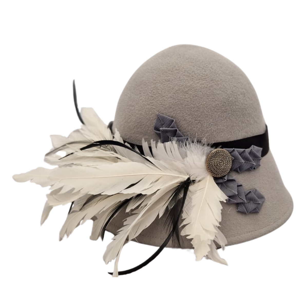 Light Grey Fur Felt Cloche Hat With Feather Mount