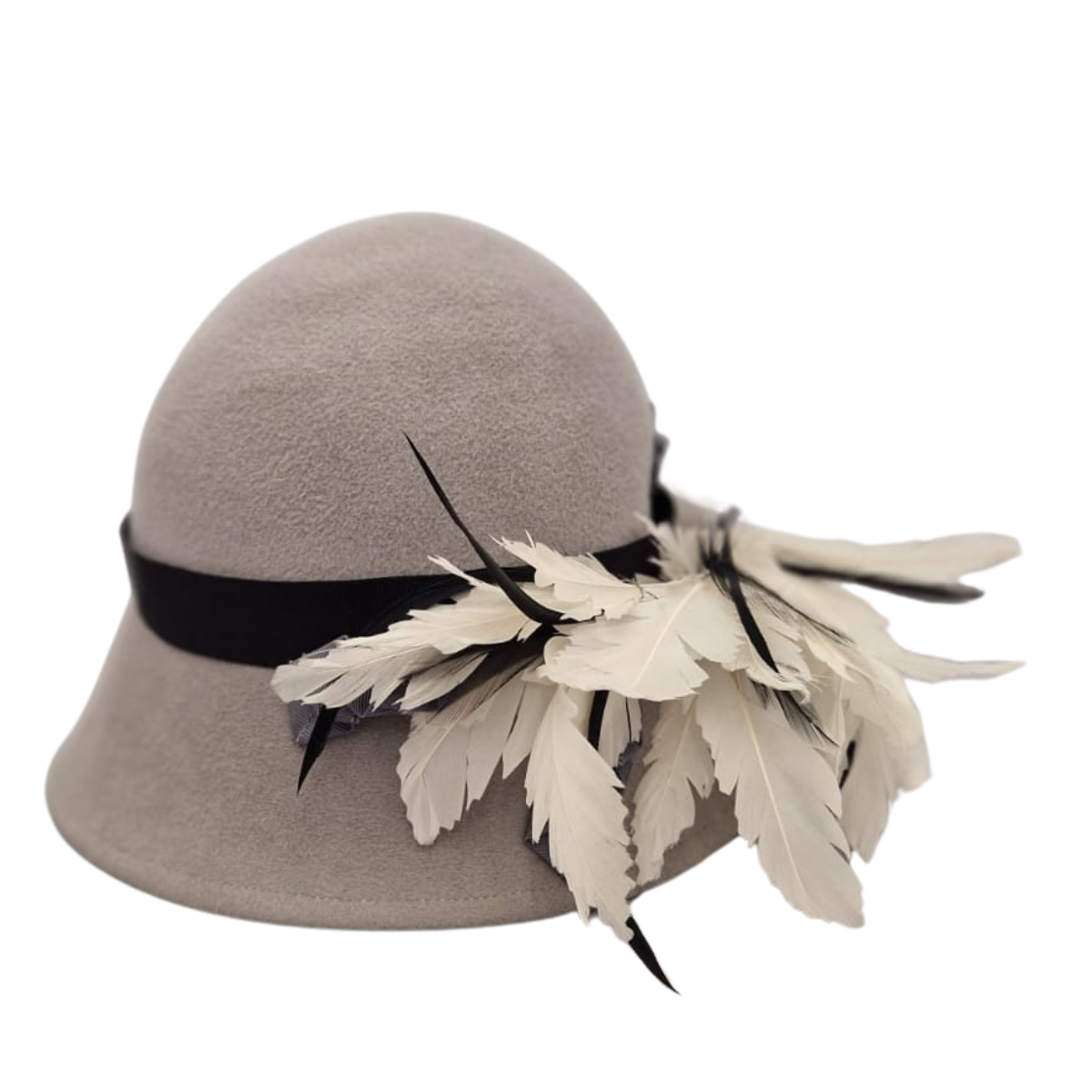 Light Grey Fur Felt Cloche Hat With Feather Mount