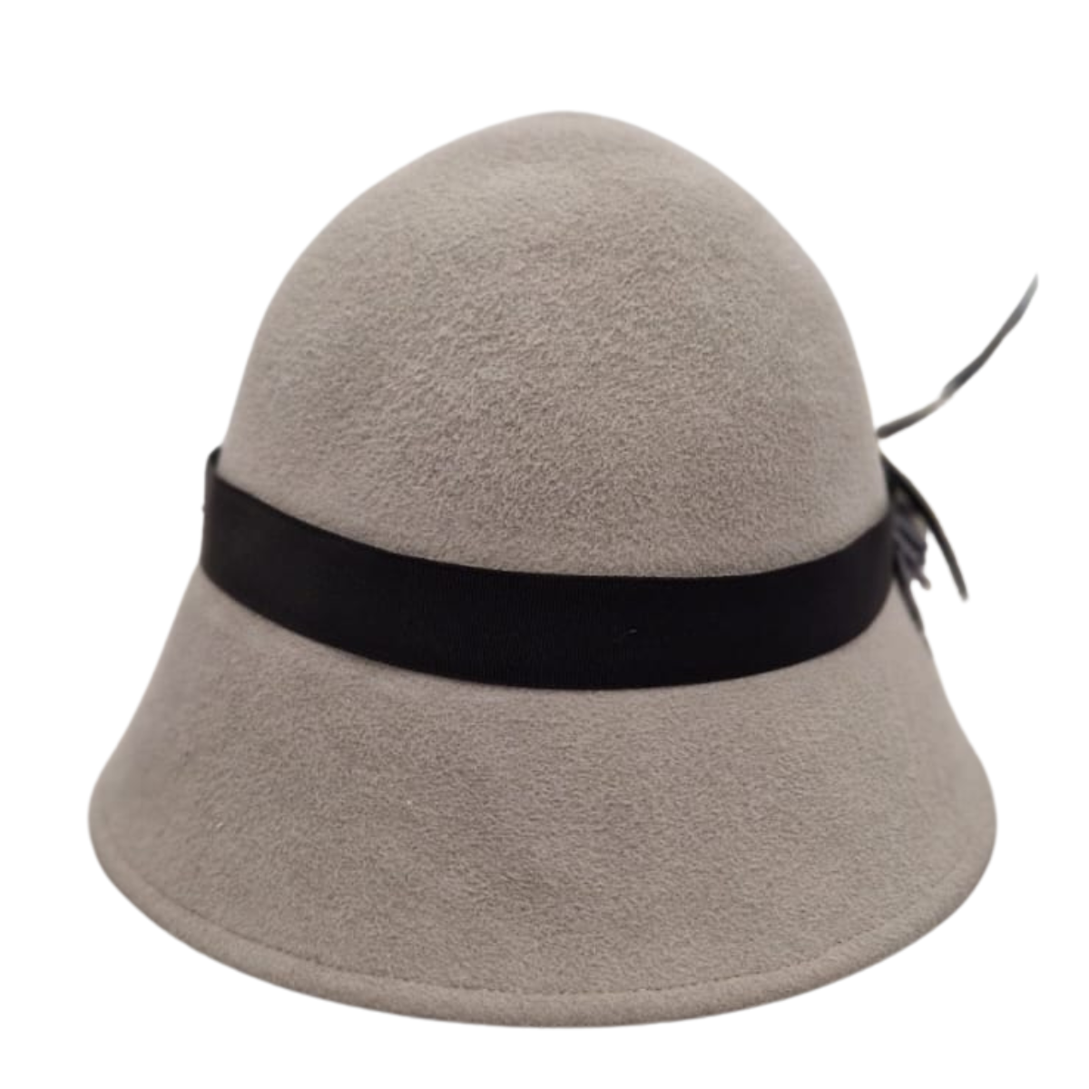 Light Grey Fur Felt Cloche Hat With Feather Mount