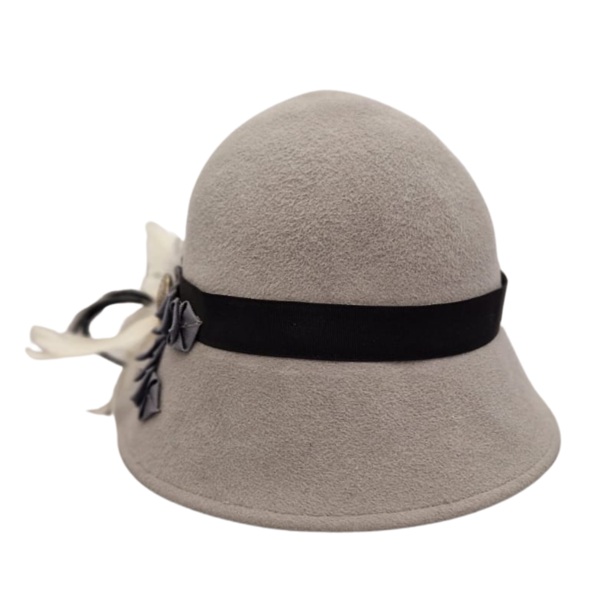 Light Grey Fur Felt Cloche Hat With Feather Mount