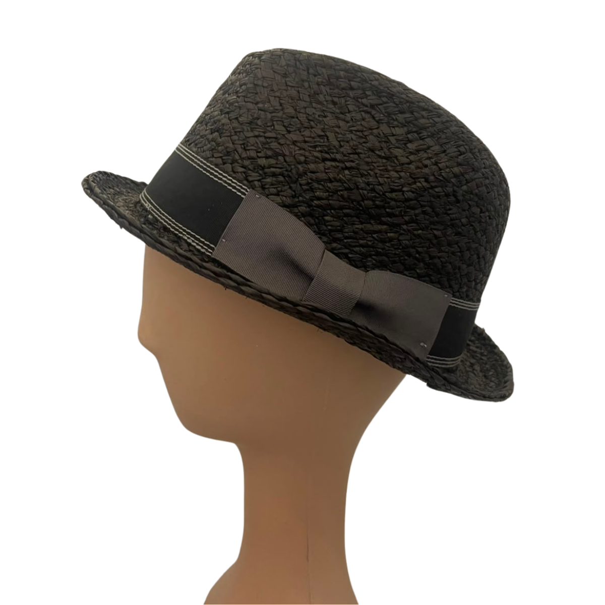 Handmade Black Raffia Trilby Hat with Ribbon Band side view