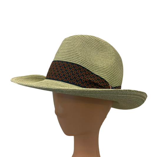 A light olive green woven sun hat with a wide brim and a dark brown patterned band, displayed on a mannequin head against a white background.