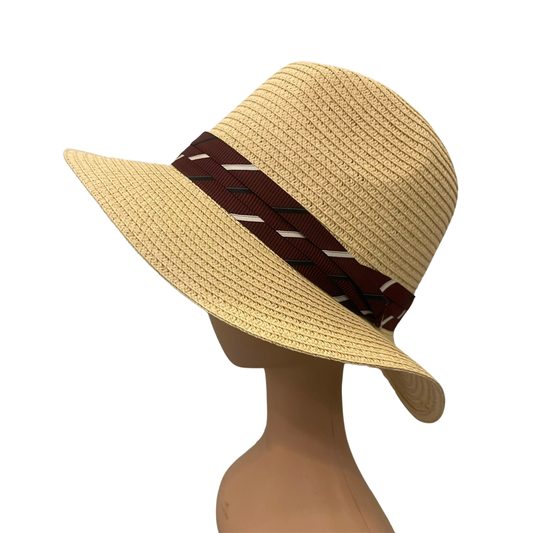 A light beige woven straw sun hat with a wide brim, displayed on a mannequin head. The hat features a decorative band with a dark red base and white diagonal stripes.