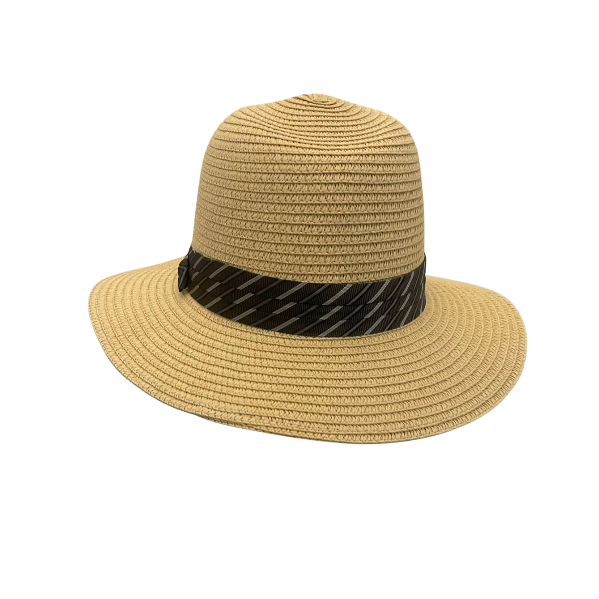 A light tan woven straw hat with a black patterned band around the crown, shown against a plain white background.