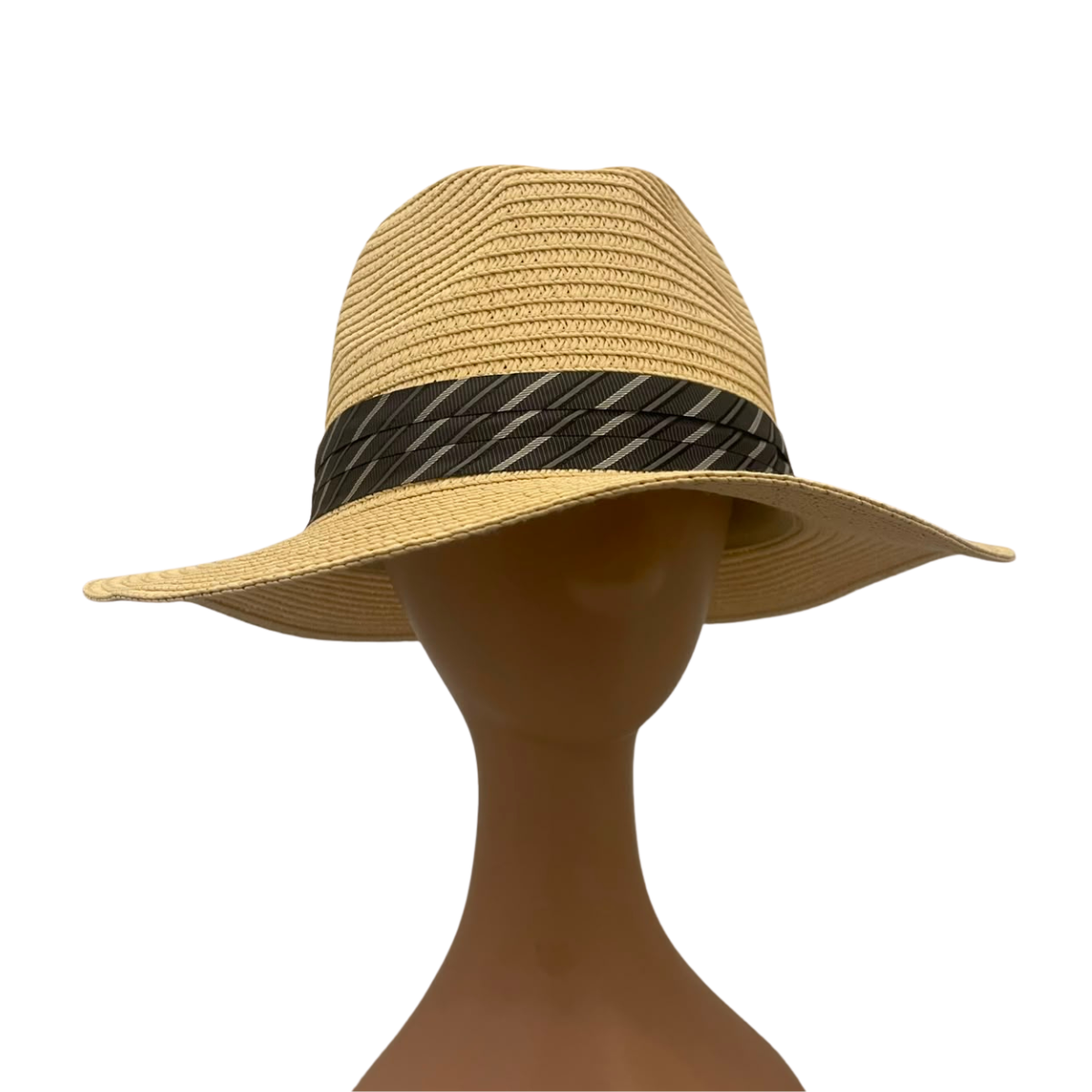 A woven straw fedora hat in a light tan color with a black and gray patterned band, displayed on a brown mannequin head against a white background.