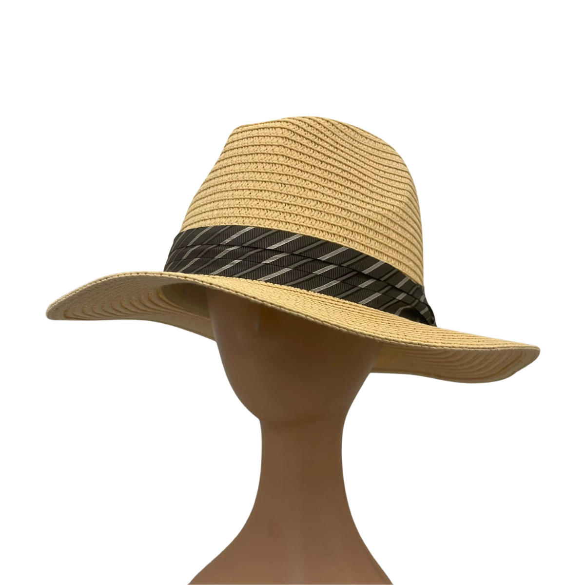 A natural straw fedora hat with a black and gray patterned band, displayed on a mannequin head against a white background.