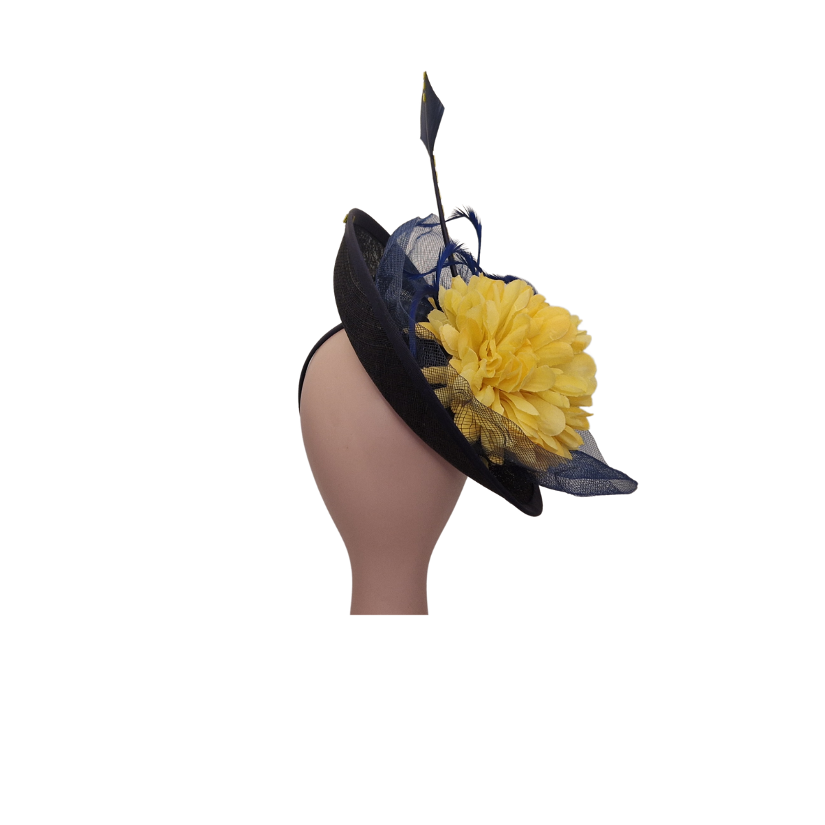 Navy & Yellow Hatinator – Floral Sinamay Headpiece with Feather Detail - back