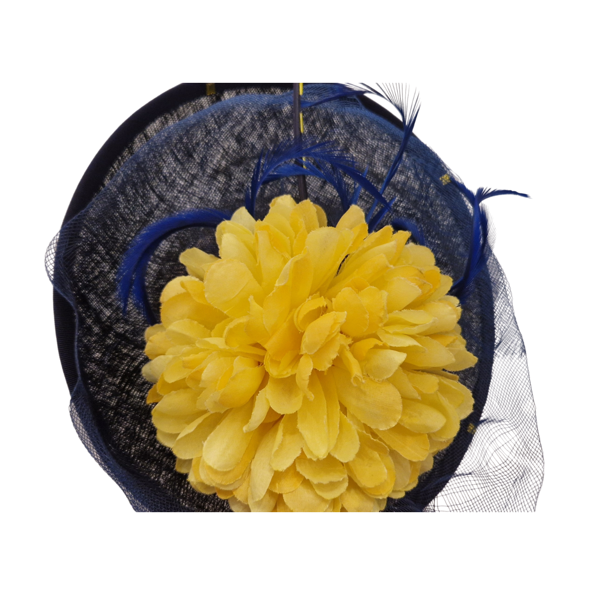 Navy & Yellow Hatinator – Floral Sinamay Headpiece with Feather Detail - close up