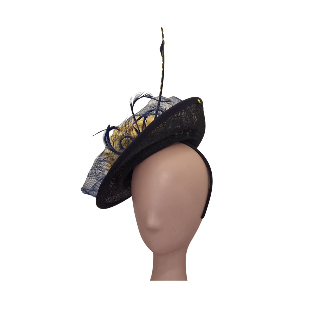Navy & Yellow Hatinator – Floral Sinamay Headpiece with Feather Detail - front