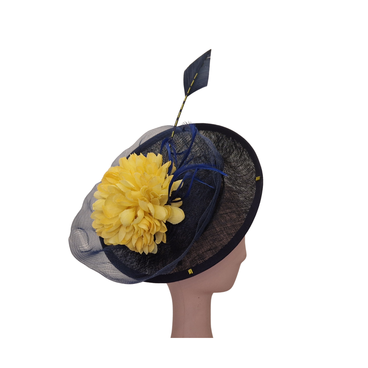 Navy & Yellow Hatinator – Floral Sinamay Headpiece with Feather Detail side