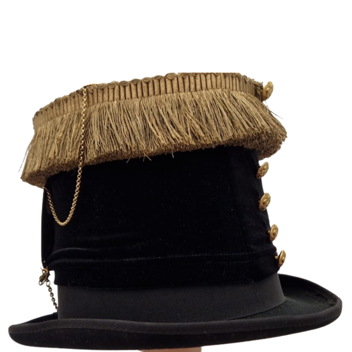 Steampunk black stove top hat with gold braiding chains brooches and dangerous animal plate