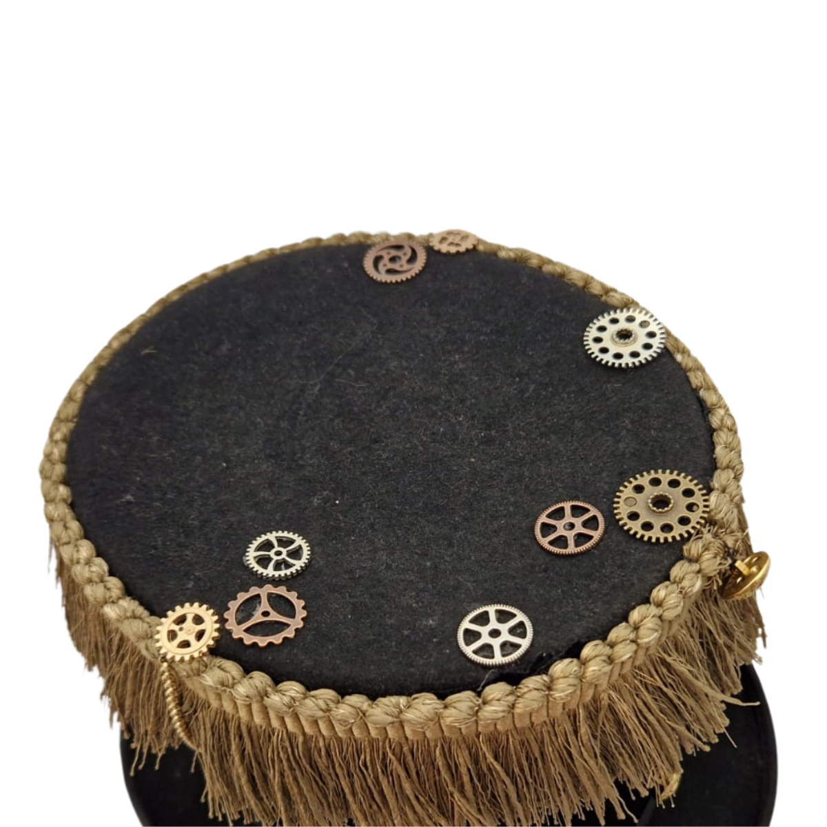 Steampunk black stove top hat with gold braiding chains brooches and dangerous animal plate