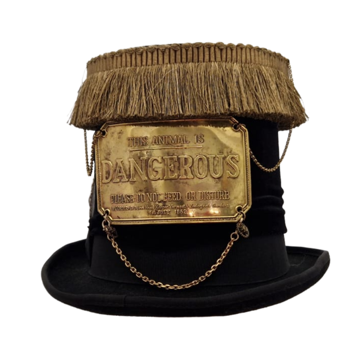 Steampunk black stove top hat with gold braiding chains brooches and dangerous animal plate