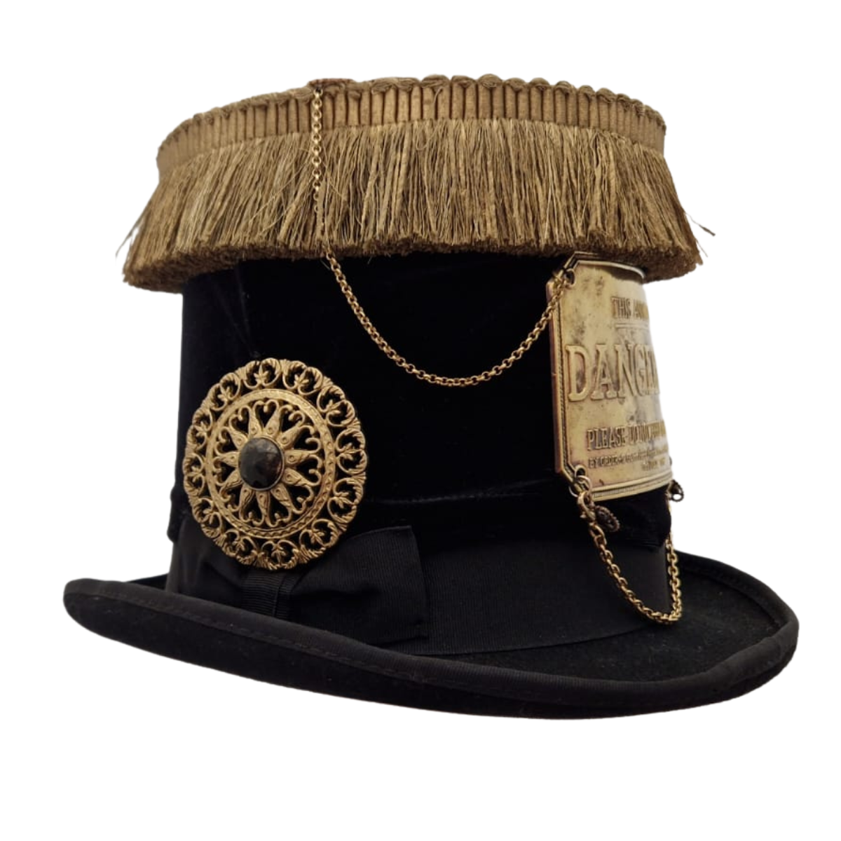 Steampunk black stove top hat with gold braiding chains brooches and dangerous animal plate