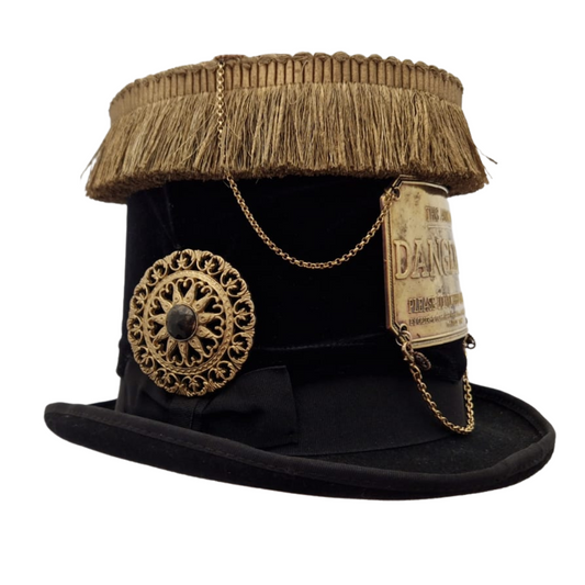 Steampunk black stove top hat with gold braiding chains brooches and dangerous animal plate
