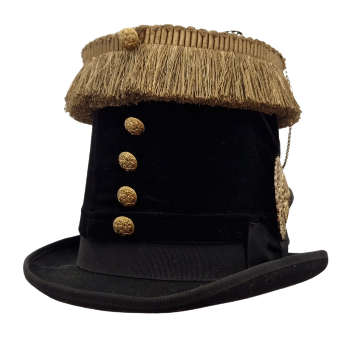 Steampunk black stove top hat with gold braiding chains brooches and dangerous animal plate