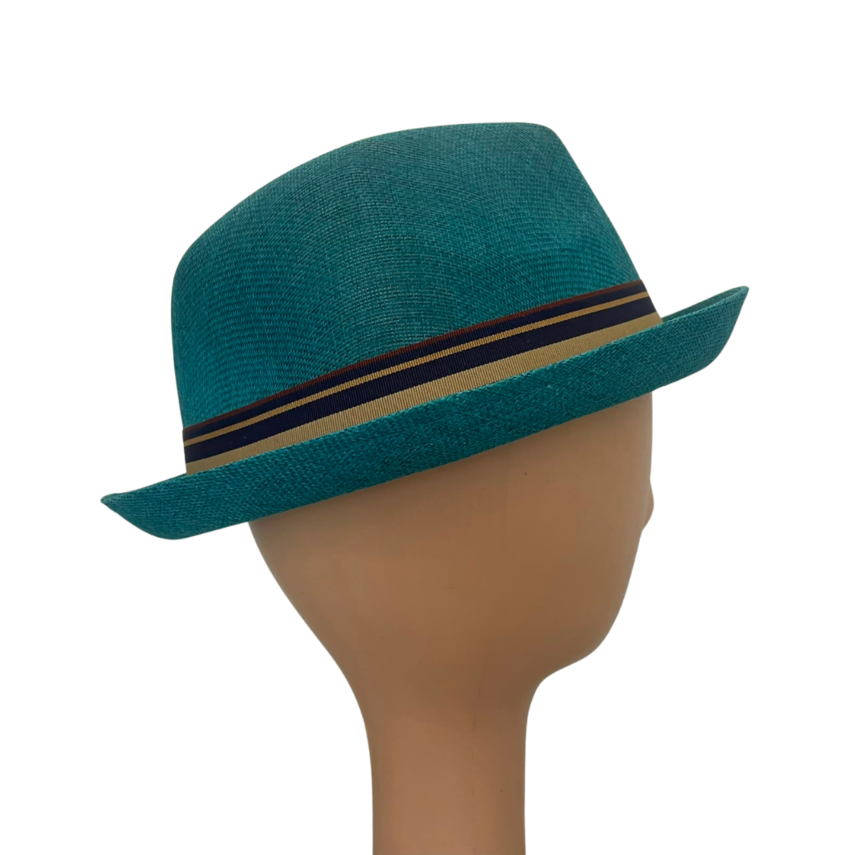 A teal woven fedora hat displayed on a tan mannequin head against a plain white background.