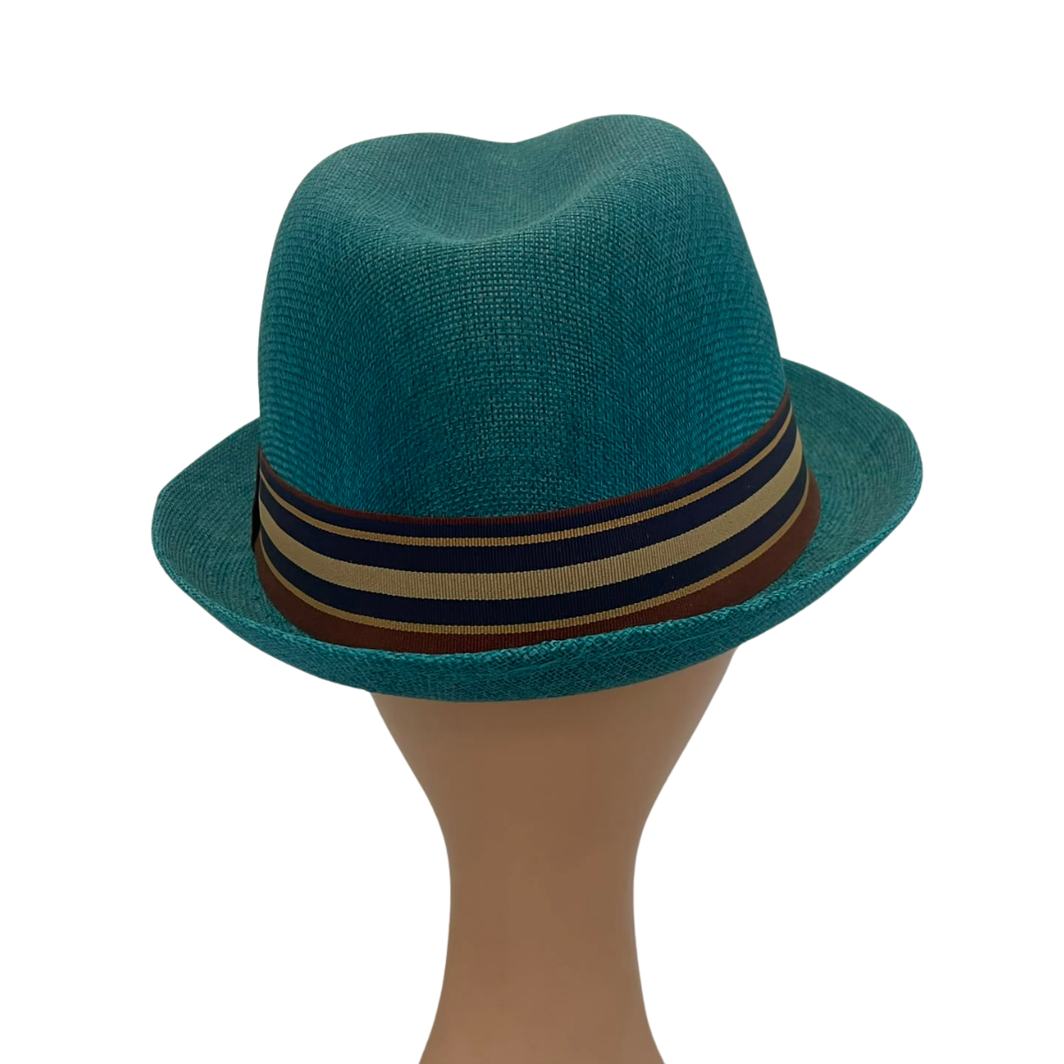 A teal woven fedora hat displayed on a beige mannequin head against a plain white background.