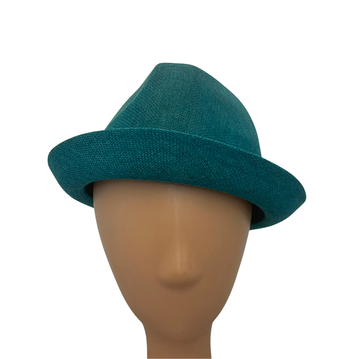A teal green woven fedora hat displayed on a beige mannequin head against a plain white background.