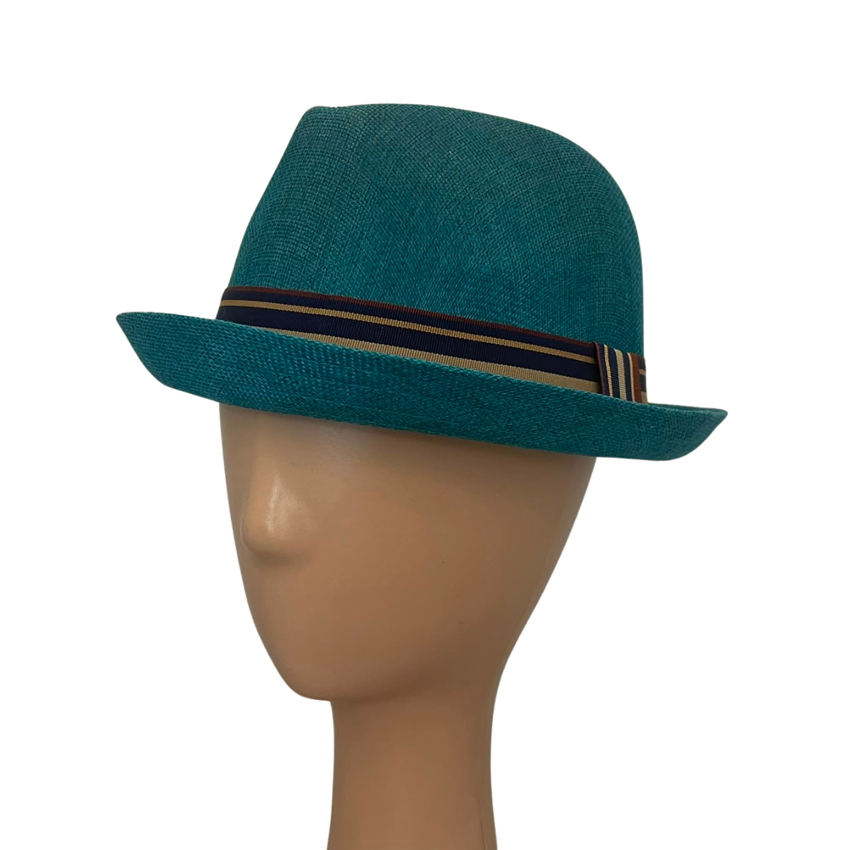 A teal woven fedora hat displayed on a beige mannequin head against a plain white background.